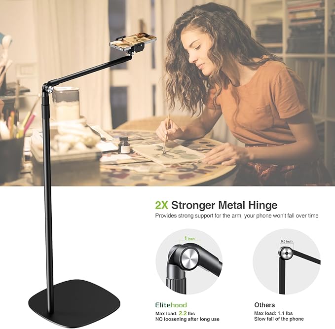 elitehood Floor Phone Stand Overhead Video Recording, 360 Degrees Swivel Tilt Adjustable iPhone Stand for Bed, Chair, Desk, Floor Phone Holder Compatible with iPhone 15, 14, 13, 12, Android Phone