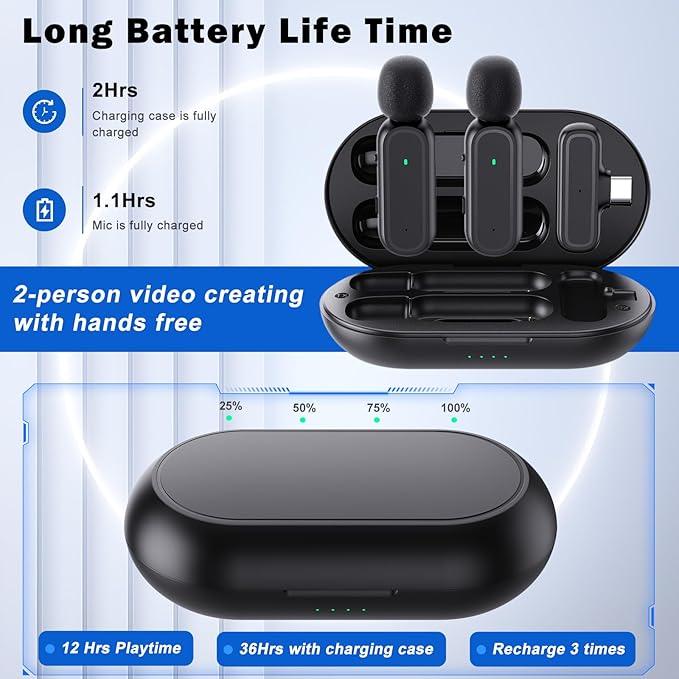 2 Pcs Wireless Lavalier Microphone for iPhone iPad Android PC, Mini Mic with Charging Case, 8H Battery, 65ft Range, USB-C, Clip-On Noise Reduction Mics for Vlogging, TikTok, YouTube, Video Recording
