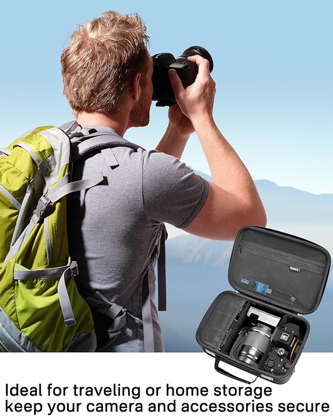 RAIACE Hard Case Compatible with Sony Alpha 7 II III IV/7R V Camera, for Nikon, for Canon, for Pentax and More.Large Capacity With Mesh Pocket for Lens, Charger, Cables, Cards and Accessories.-Black