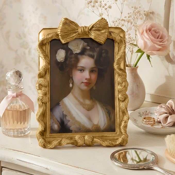 Cuspin 5x7 Picture Frame Gold Bow Frames, Vintage 5 by 7 Photo Frame with Bowknot Design, Ornate Handcrafted Resin Antique Frame with Glass Front for Wall and Tabletop Display, Home Decor, Gift Ideas