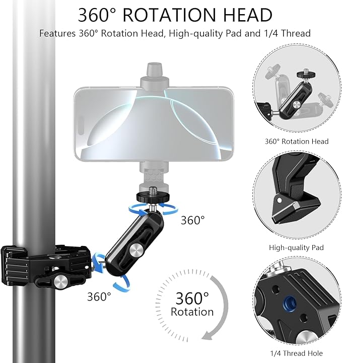 Super Clamp Mount with 360° Dual Ballhead & Magic Arm,Anti-Fall 360° Rotating Motorbike Phone Holder Camera Clamp for DSLR,GoPro Hero 13,DJI OSMO Pocket 3,Insta 360 X5 Fits Mountain/Scooter/Dirt