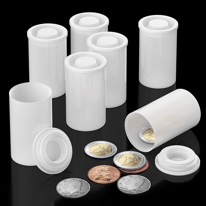 Houseables Film Canisters with Caps, Film Canisters, 35mm Case, Containers with Lids, Cannister for Rockets, Empty Camera Reel Holder, Coin Storage, White, Plastic, Bottle, 8oz, 2"Hx1"W, 60 Pack, Bulk