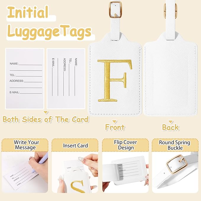 Initial Letter Luggage Tags for Suitcases, Embroidered Monogrammed Suitcase Luggage Identifier Name Tag, PU Leather TSA Approved Luggage Tags, Bag Tags for Men Women Kids Luggage Handbags(White F)
