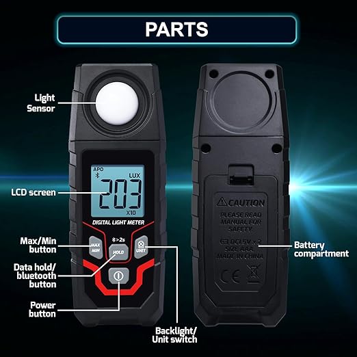 Light Meter Wireless Lux Meter, 0.1~200,000 Lux Range Light Meter for Plants, Bluetooth Lux Meter Light Meter App Connection, Data Logging and Export, Backlight LCD Display for Plants, Photography