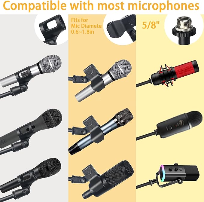 Tripod Mic Stand Floor Boom Arm for Blue Yeti Q2U K6 AM8, Floor Microphone Stand with Carrying Bag, 3/8" to 5/8" Adapter, 2 Mic Clips and Cable Ties