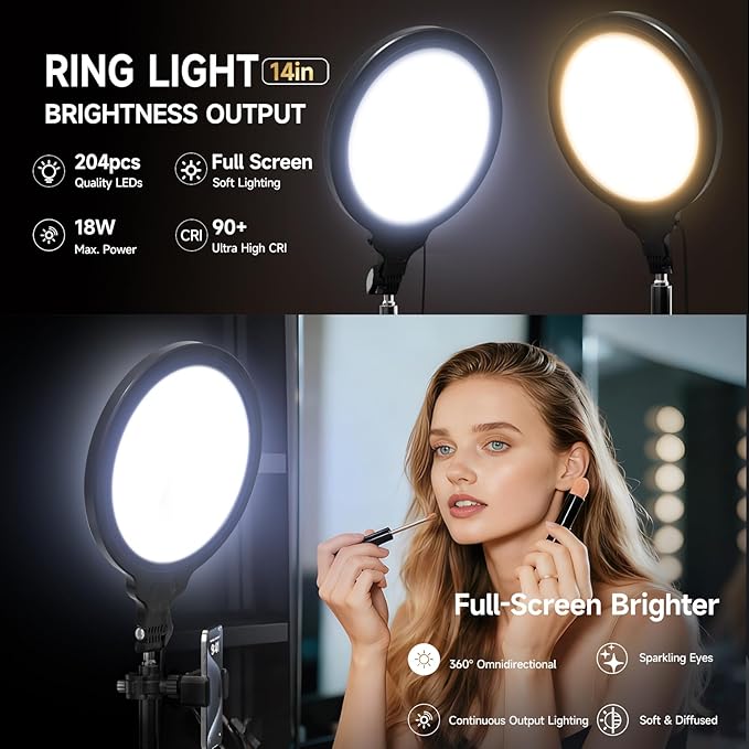 Ring Light Tripod for iPhone, 14" Selfie Ring Light with Tripod Stand and Phone Holder, Professional LED Circle Lighting for Video Recording, Conferencing, Makeup, Streaming, Tiktok, YouTube