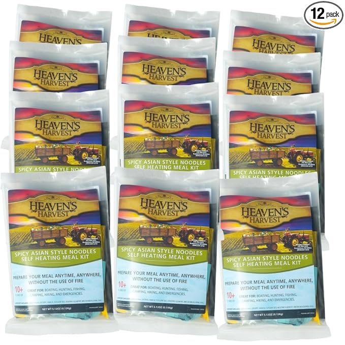 Heaven's Harvest Self-Heating Emergency Meal Kit (10 Year Shelf Life) — Tastier than MRE Meals & Ready-To-Eat in Minutes! Just add water to activate the “cooking” process. (Spicy Noodles) (12-Pack)