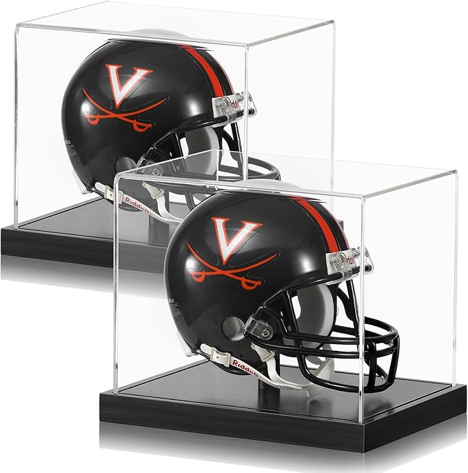 JupDec Mini Helmet Display Case, Acrylic Clear 1/2 Football Baseball Helmet Showcase, UV Protection Collectibles Box with Solid Wood Base & Riser, Ideal Gift for Sports Fans, Black,2 Pack