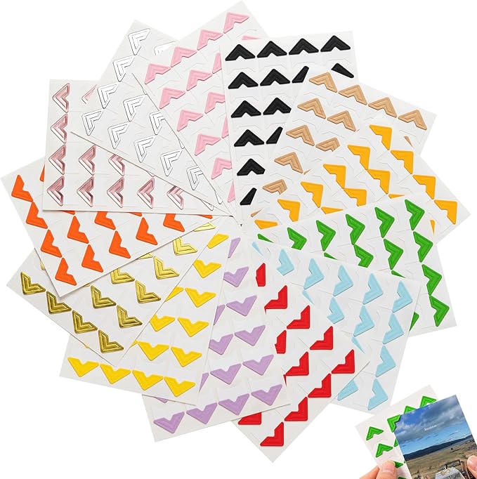 AYZTKUX 528 Pcs Photo Corners Self Adhesive Stickers, 22 Sheets 13 Colors Photo Mounting Corners for DIY Scrapbook, Photo Album, Picture Frames, Memory Books, Journals (Multicolor)