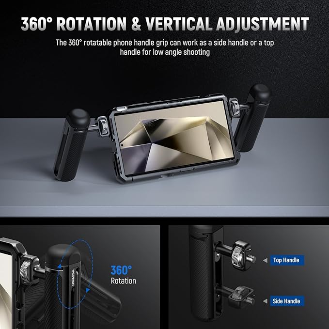 NEEWER 360° Rotatable Side/Top Handle with 1/4" Screw Anti Twist Pin Cold Shoe Nonslip Handgrip for NEEWER Phone Cage Video Rig Compatible with iPhone 16 15 Pro Max Samsung Galaxy S24 Ultra, PA046