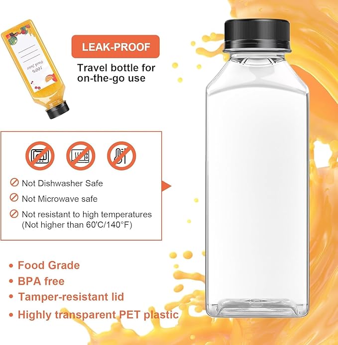 OBKJJ 40 pcs 12oz Pcs Juice Bottles, Juice Bottle with Caps Reusable Empty Clear Bottles with Label, Funnel, Brush Bulk Beverage Containers for Juicing, Drinking, Smoothie and Other Beverages (12-OZ)