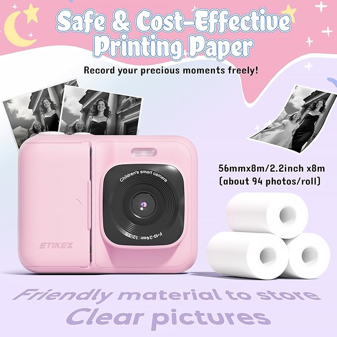 ETIKEZ Kids Camera, 1080P Instant Digital Print Camera for Kids, Christmas Birthday Gifts for 4 5 6 7 8 9 10 Year Old Girls Boys, Portable Toy with 32GB SD Card & 3 Rolls Printing Paper, Pink