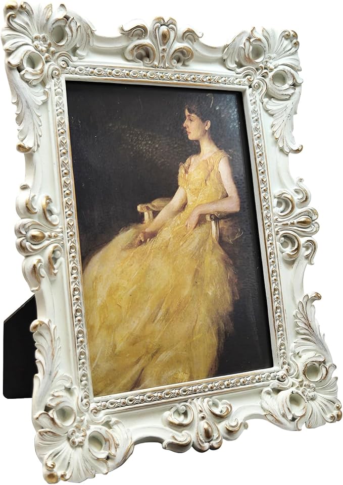 CISOO 5x7 Vintage Picture Frame Antique Ornate White and Gold Photo Frame, for Table Top and Wall Display, Decorative Floral Design Retro Home Decor, Photo Gallery Art
