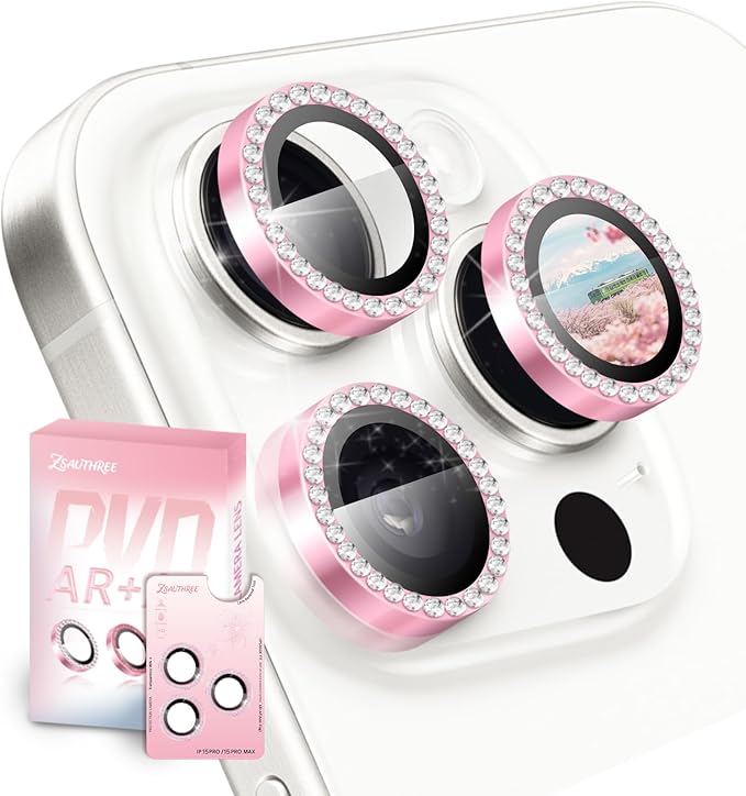 Camera Lens Protector Bling Compatible for iPhone 15 Pro/15 Pro Max,9H Tempered Glass,1Step Installation Tray,HD Clear/Military Grade Shatterproof/Scratch Resistant(Diamond Pink)