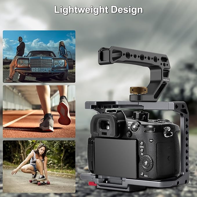Top Handle with 3/8"-16 Locating Pins, Universal Camera Handgrip with 5 Cold Shoe Mount for Microphone, LED Light, Monitor, 1/4", 3/8" Threaded Holes with Locating Pins for ARRI Grip