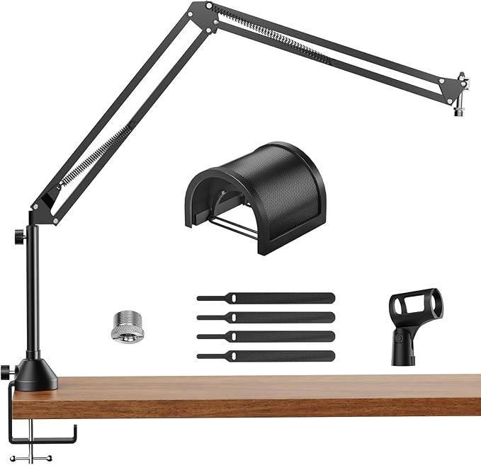 TONOR Microphone Boom Arm, Adjustable Microfono Stand Mic Arm with Extra-large Pop Filter, 3/8’’ and 5/8’’ Screwadapter, Equipment for Podcast, Recording, Streaming, 40cm+40cm+20cm Riser T10L+