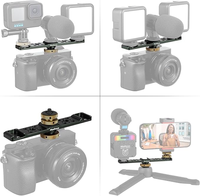MINIFOCUS Triple Cold Shoe Extension Bar Mount, Aluminum Alloy Hot Shoe Mount Bracket with 1/4" Thread Holes for DSLR Camera Microphone Tripod LED Video Light Flashlight