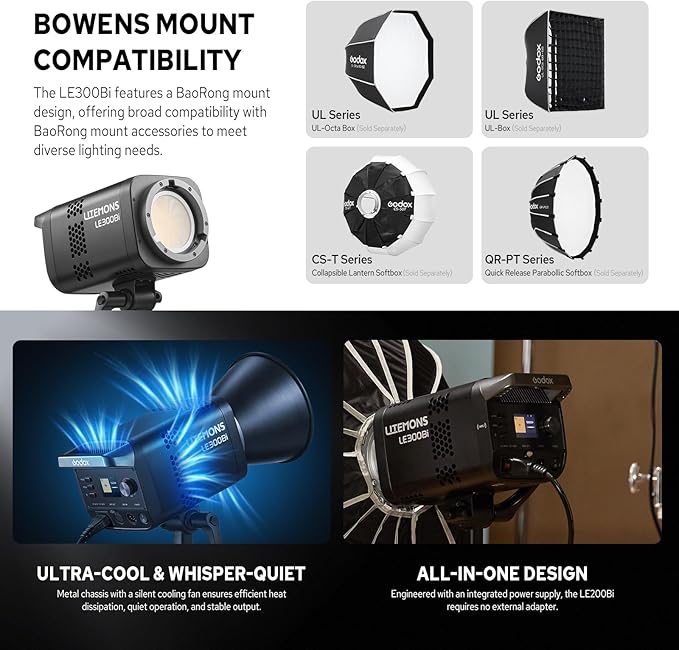 Godox Litemons LE300Bi 300W Bicolor LED Video Light, 58900Lux@1M CRI98+ Studio Bright with APP Control 11 FX Effects, 0-100% Brightness Bowens Mount LED Light(Black)