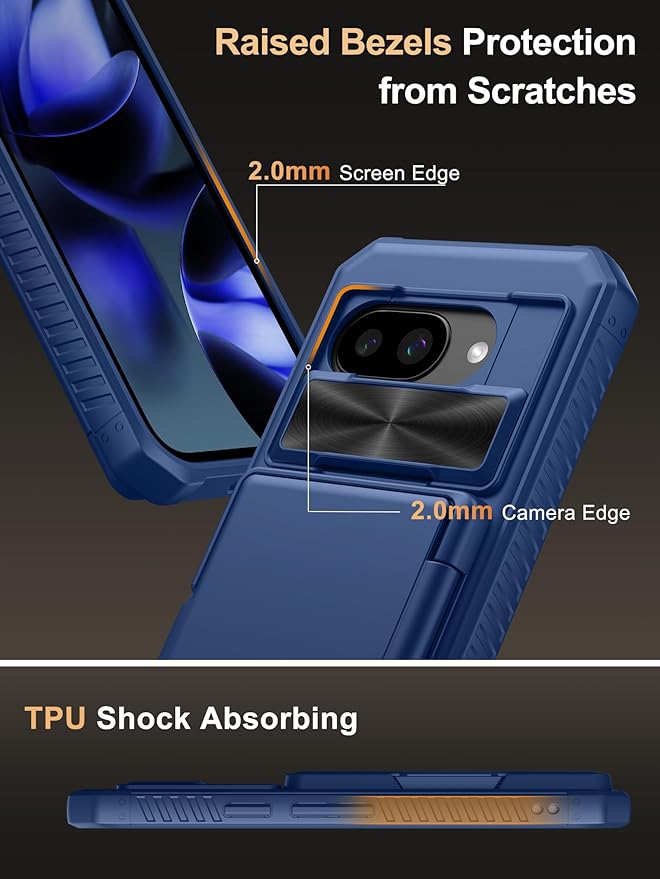Vihibii for Google Pixel 9a Case with Card Holder (4 Cards), [RFID Blocking] & Slide Camera Cover, Military Grade Drop Protection, Heavy Duty Shockproof Wallet Case for Google Pixel 9a 2025, Blue