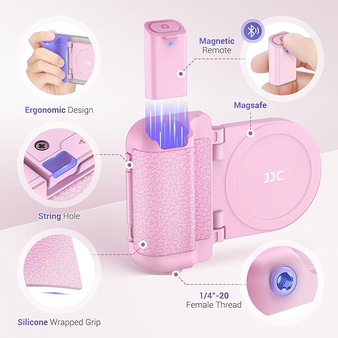 JJC Magnetic Phone Camera Grip Handle with Wireless Shutter Remote, Magsafe Camera Handle Bluetooth Bracket for iPhone Android Smartphone with 1/4” Tripod Screw for Video Photo Shooting (Pink)