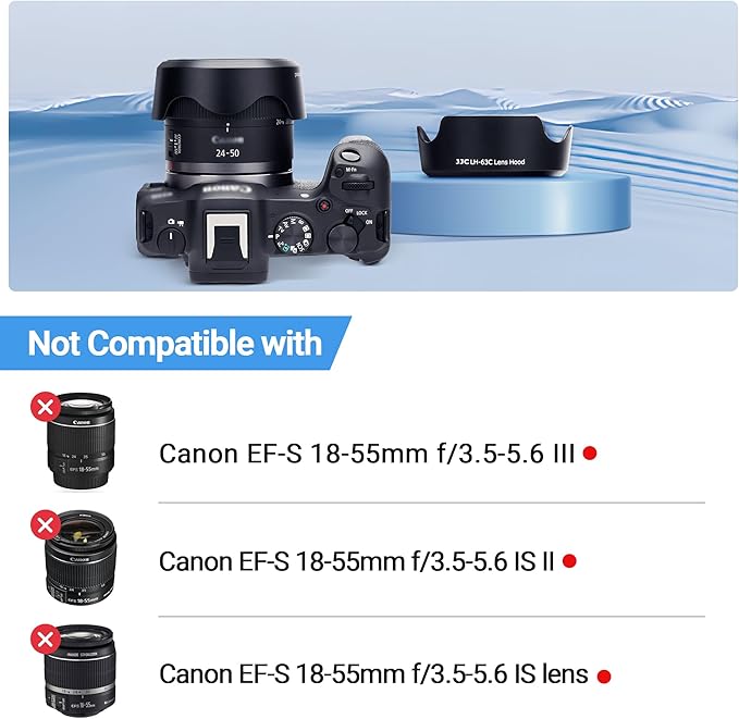 Reversible Lens Hood Shade Protector for Canon EF-S 18-55mm F3.5-5.6 F4-5.6 is STM & RF-S 14-30mm F4-6.3 IS on R50V & RF 24-50mm F4.5-6.3 is STM Lens on Camera Lens Protector Cover Replac Canon EW-63C