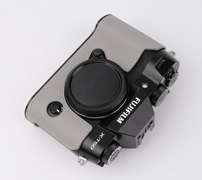 Handmade Genuine Leather Camera Half Case for Fujifilm X-T50 - Top Layer Cowhide Body + Metal Base Plate - Hand Shank Free Design (Gris Mouette)