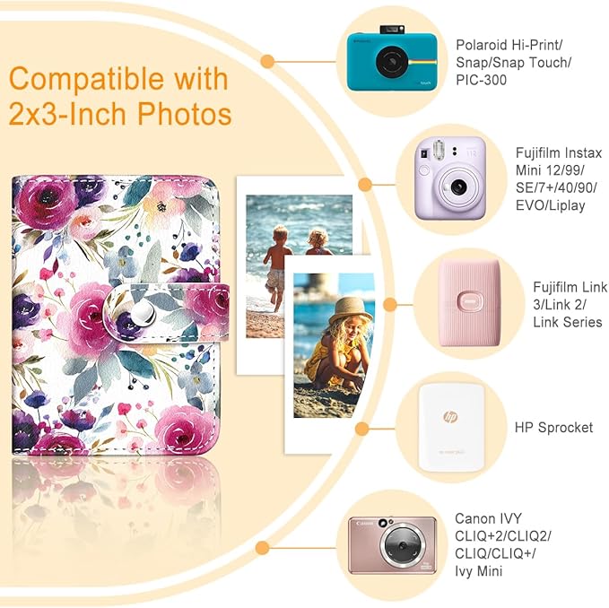 Lebrocoli Vintage Rose Floral Small Photos Album for 2x3 Inch Films, 56 Pockets Mini Cute Albums Book for Polaroid Fujifilm Instax Mini Instant Camera Printer, Kpop Photocard Pictures Binders Holders