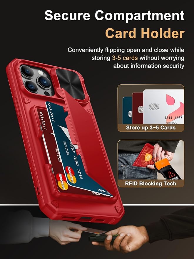 Vihibii for iPhone 13 Pro Max/iPhone 12 Pro Max Case with Card Holder (4 Cards), [RFID Blocking] & Slide Camera Cover & Raised Edges Protect Screen, Heavy Duty Shockproof Wallet Phone Cover, Red