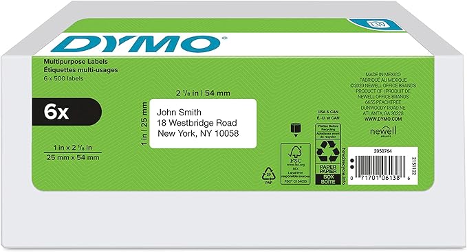 DYMO Authentic LW Multi-Purpose Labels for LabelWriter Label Printers, White, 1" x 2-1/8", 6 rolls of 500 (3000 Total)