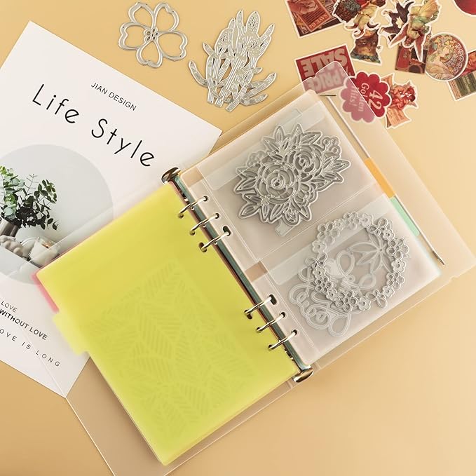 CYFUN DESIGN 10 Sheet Binder Pockets Inserts with Two Pockets A5 Size 6 Hole Binder Folder for Dies and Stamps Storage,Waterproof PVC Clear Bags Protectors for Cutting Dies Stencil Album Stamp Crafts