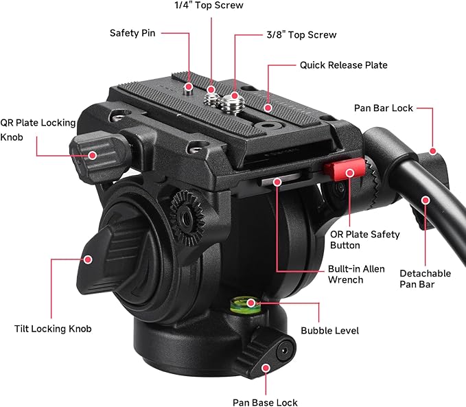 Avella Video Tripod Fluid Head with Quick Release Plate, Lightweight Heavy Duty Compatible with Manfrotto,Max Load 13.2lb/6kg for Video Canon Nikon Sony Olympus Panasonic DSLR Camera, V504