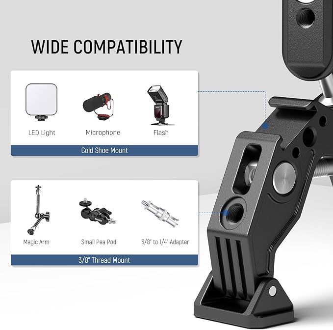 Neewer Double Super Clamp Camera Mount with Magic Arm, Cold Shoes for Desk Studio Light Stand Holder Photography Reflector, Flag, Cross Bars, Motorcycle, Umbrella, Pole Stick Shoot Accessories Tools
