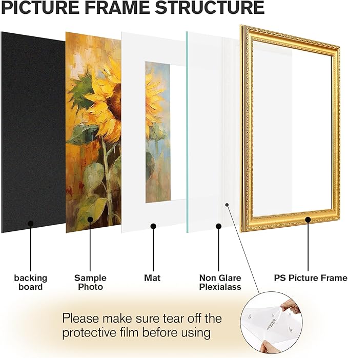 16x20 Gold Picture Frames Set of 2, Ornate Vintage 16 x 20 Photo Frames for Wall Decor or Tabletop Display, Gold Frames with Plexiglass, Display 11x14 Pictures with Mat or 16x20 without Mat for Antique Déco