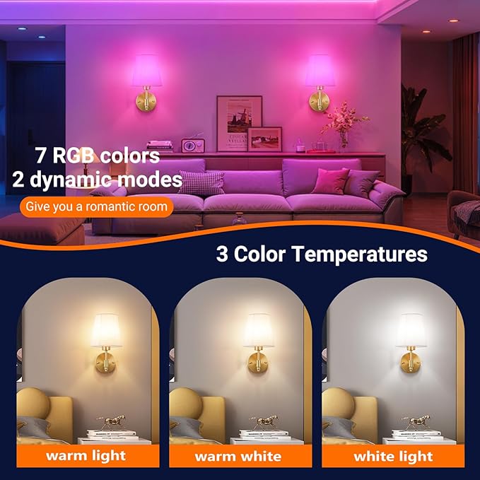 Battery Operated Wall Sconces Set of Two, Indoor Wireless Wall Mounted Lamp with 10000mAh Dimmable Bulb and Remote, RGB Colors Rechargeable Wall Light for Bedroom Living Room Decor