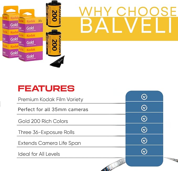 Kodak Gold 200 35mm Film Bundle, 6 Rolls (2x3 Pack), 36 Exposures Each, for 35mm Film Camera Includes Balveli Premium Microfiber Cloth-Kodak 6 Roll Pack