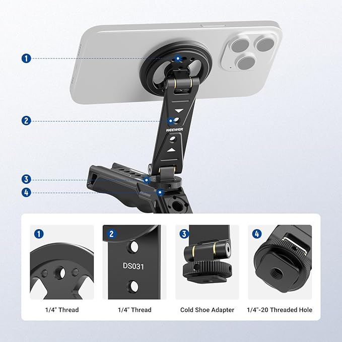 NEEWER Magnetic Phone Tripod Mount Compatible with MagSafe iPhone Samsung, Metal Adjustable Rotatable Cellphone Holder Adapter w/Cold Shoe for Tripod Mounting Camera Monitoring Video Recording, DS031