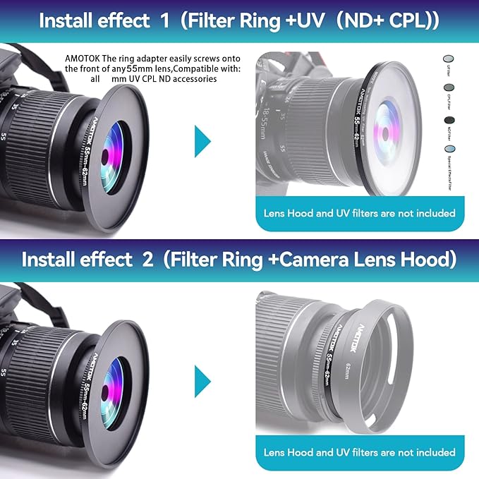 55mm Lens to 62mm Camera Lens Adapter,55mm to 62mm Filter Step-up Ring Adapter Ring,Compatible All 62mm Filter Accessory