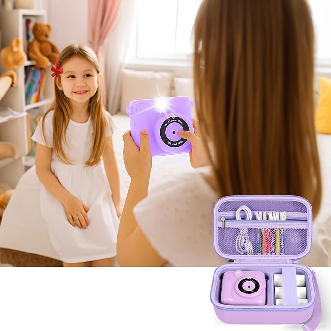 Kids Instant Print Camera Case for ESOXOFFORE Digital Video Cameras with 3 Rolls Paper Refill, Toddler Film Camera Storage Holder Bag with Mesh Pocket for Thermal Paper Accessories (Box Only)- Purple