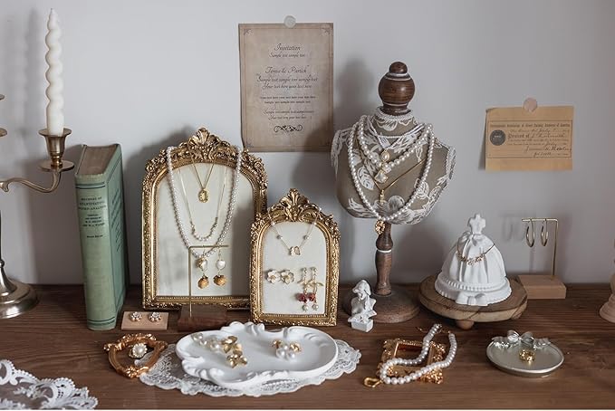 Large Two-Piece Gold Resin Jewelry Display Stand, Vintage Photo Frame Earring Holder, Velvet Necklace Storage Box, Elegant Décor for Jewelry and Collectibles