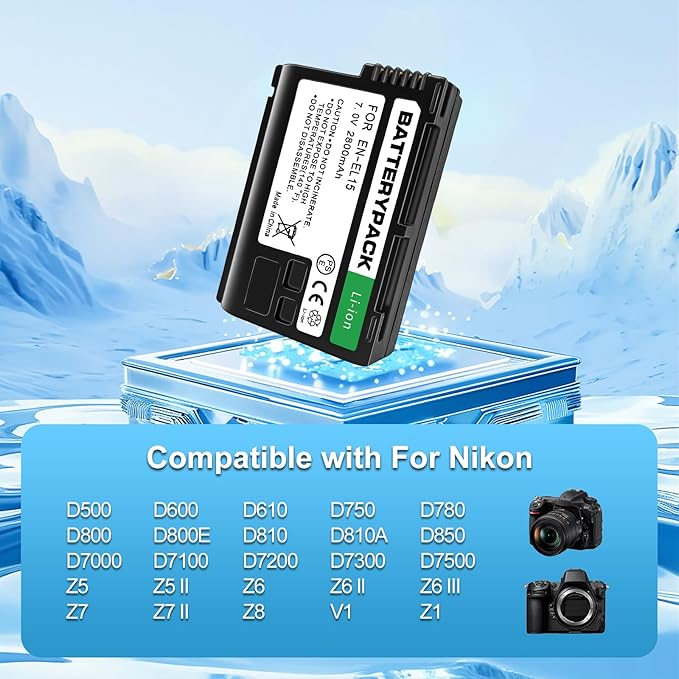 EN-EL15 Replacement Battery with LCD Dual Charger - 2800mAh Li-ion Battery for Nikon D850 D750 Z6II Z7II Z5 D500 D7500 D800 Z8 Zf D810 D800E D810A D600 D610 1 V1 DSLR & Mirrorless Cameras