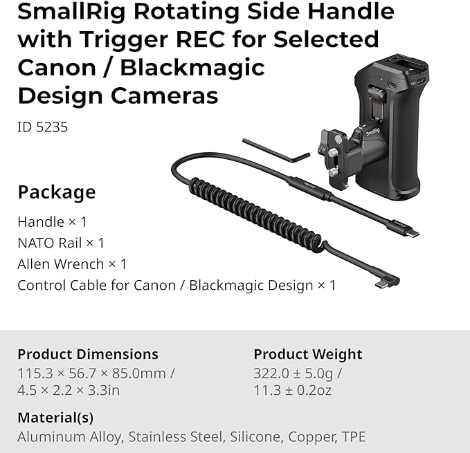 SmallRig Stepless Rotating Side Handle with Trigger REC & 2 Cables for Canon R50 V / R5 II / R5 / R6 / R6 II, for Blackmagic BMPCC 4K / 6K / 6K Pro, USB-C Power Output for Cameras, PD Fast Charging