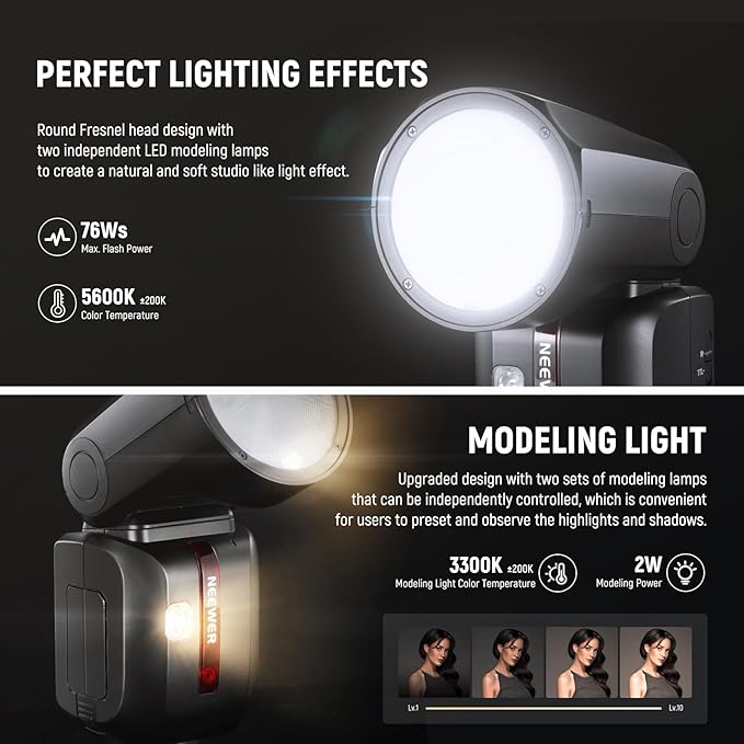 NEEWER Z2-N 2.4G TTL Round Head Flash Speedlite Compatible with Nikon, 76Ws Speedlight with Upgraded UI, Modeling Lamps, TTL/M Quick TCM Switch, 1/8000s HSS, 2600mAh Battery, Cleaning Cloth