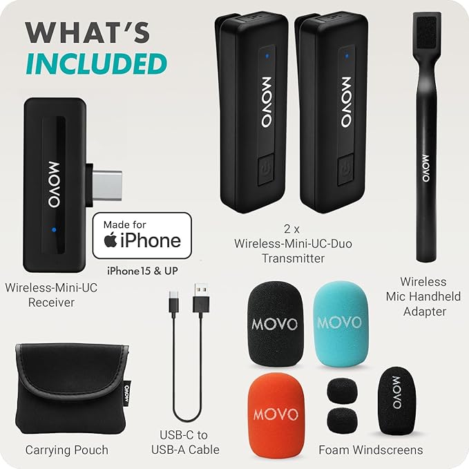 Movo Wireless Mini UC Duo Dual Ultra Compact Wireless Lavalier Microphones for iPhone 15/16/17 with Handheld Adapter - Lapel Mic with Handle Mount for Content Creators, Interviews, Reporting and More