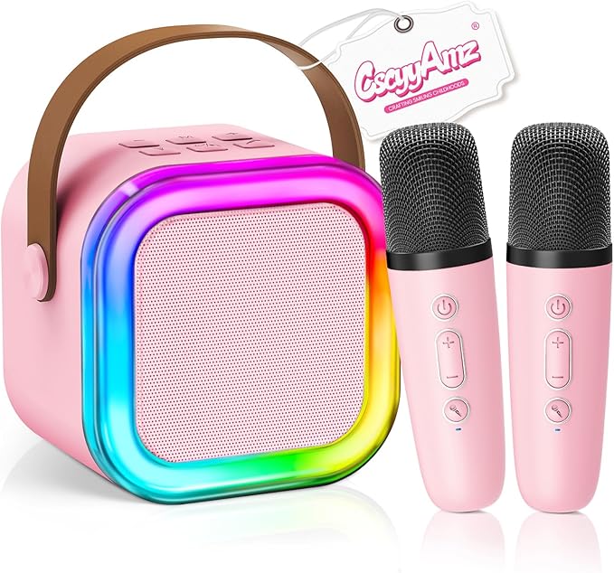 Mini Karaoke Machine for Kids Girls Boys - Birthday Gifts for Ages 4 5 6 7 8+ Year Old - 2026 New est - Portable Bluetooth Speaker with 2 Wireless Microphone - Kids' Instrument Accessories - Pink