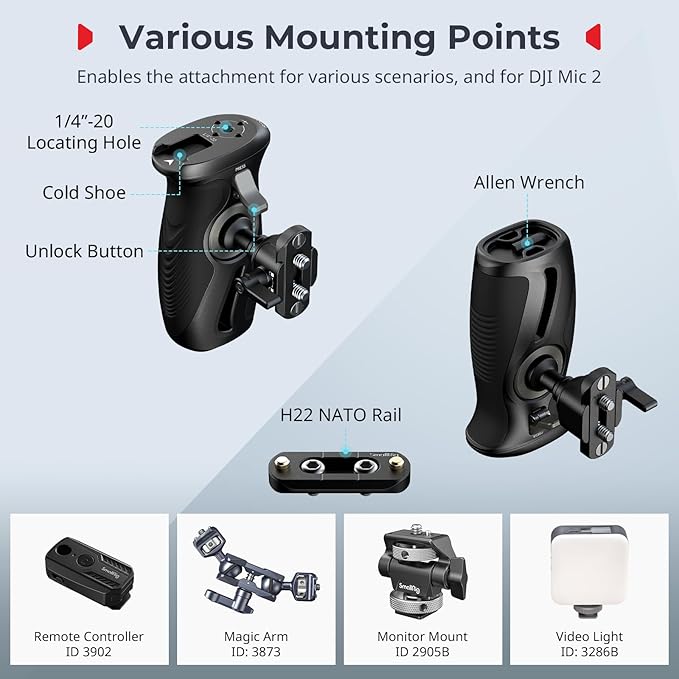 SMALLRIG Push-Button Rotating Side Handle with NATO Clamp, for Left and Right Hand, 360° Rotatable Side Handle with Anti-Slip Silicone, Max. Load 15Kg