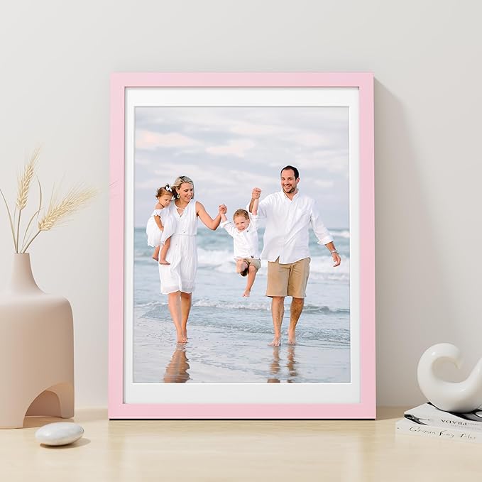 Vittanly 12x16 Picture Frame, Made of Solid Wood and Shatterproof Plexiglass, Display Pictures 11x14 with Mat or 12x16 without Mat, Wooden Photo Frame for Wall Mounting, Pink, 1 Pack