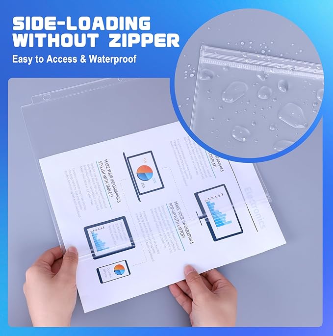 Antner 50 Pack Letter Size Binder Pockets for 3 Ring Binder, Waterproof Resealable Zip Loose Leaf File Bags Document Organizer Folders Insert Page Sleeves PVC 3-Hole Sheet Protectors for 8.5x11 Paper