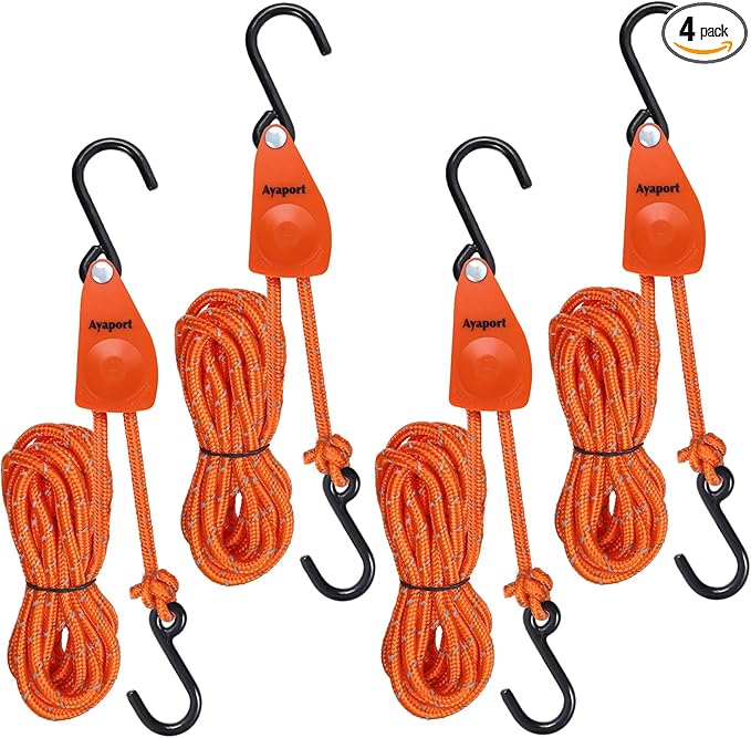 Ayaport Kayak Rope Tie Down 1/4" 14ft Ratchet Straps Bow and Stern Ratcheting Tie Downs Rope Hanger Kayak and Canoe Accessories Orange