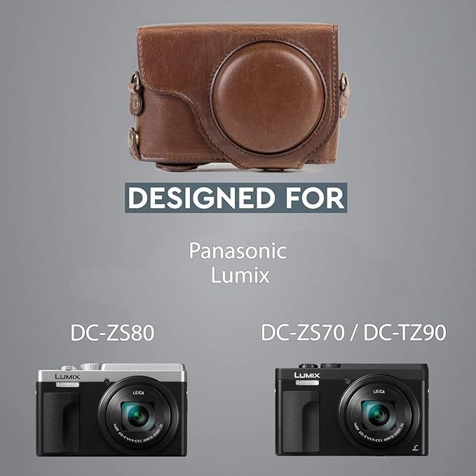 MegaGear MG1259 Ever Ready Leather Camera Case compatible with Panasonic Lumix DC-ZS80, DC-ZS70, DC-TZ95, DC-TZ90 - Dark Brown