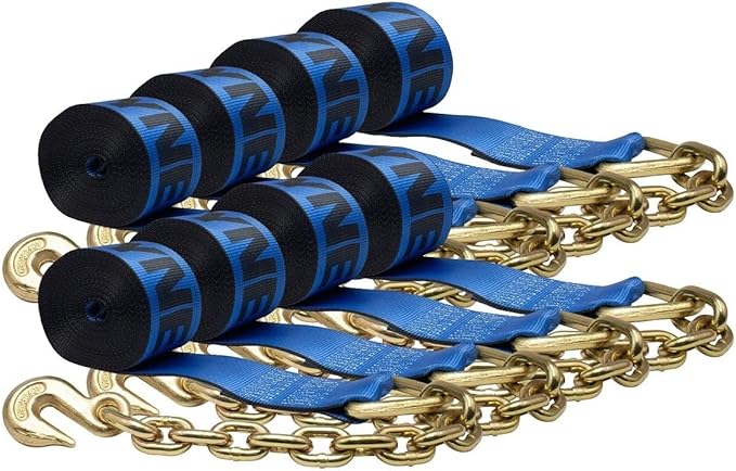 Mytee Products (8 Pack) 4" x30' Kinedyne Winch Strap w/Chain Anchor - WLL 5400 lbs Heavy Duty Blue 4 Inch Tie Down Straps w/Hook for Flatbed Trailer Truck - Cargo Control Equipment
